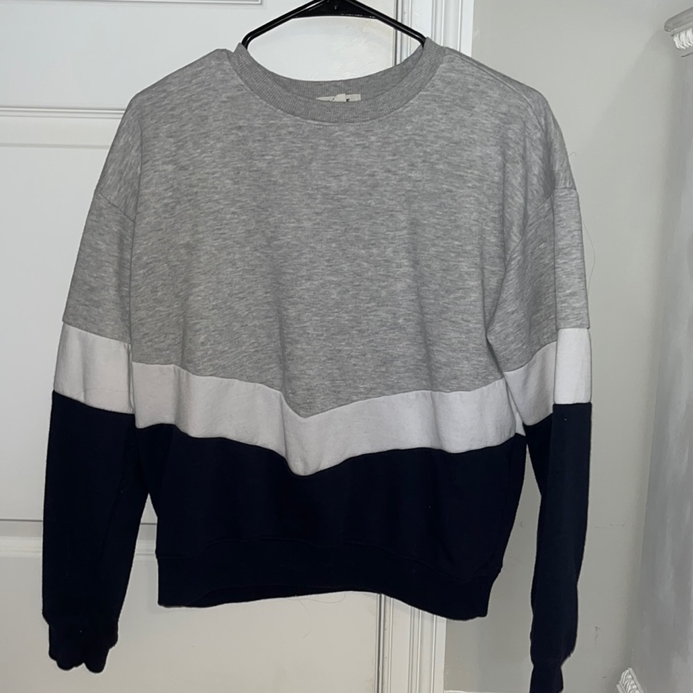 pullover from Garage. Gray with white and blue stripe